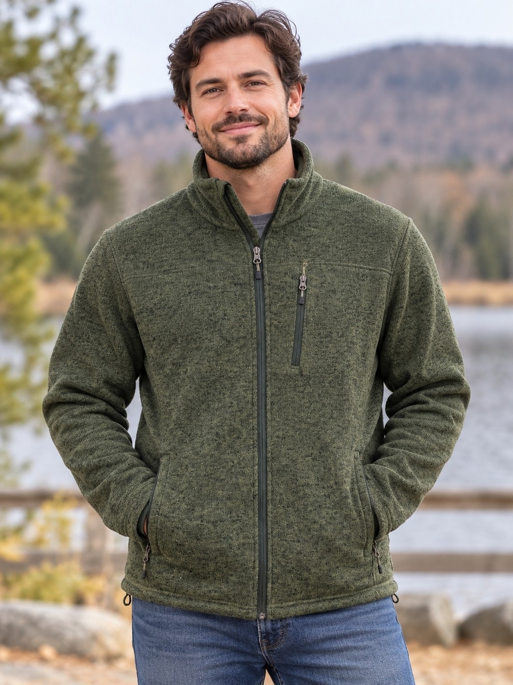 Avalanche Men’s Medium Green Full Zip Fleece Jacket Zip Pockets Drawcord Hem